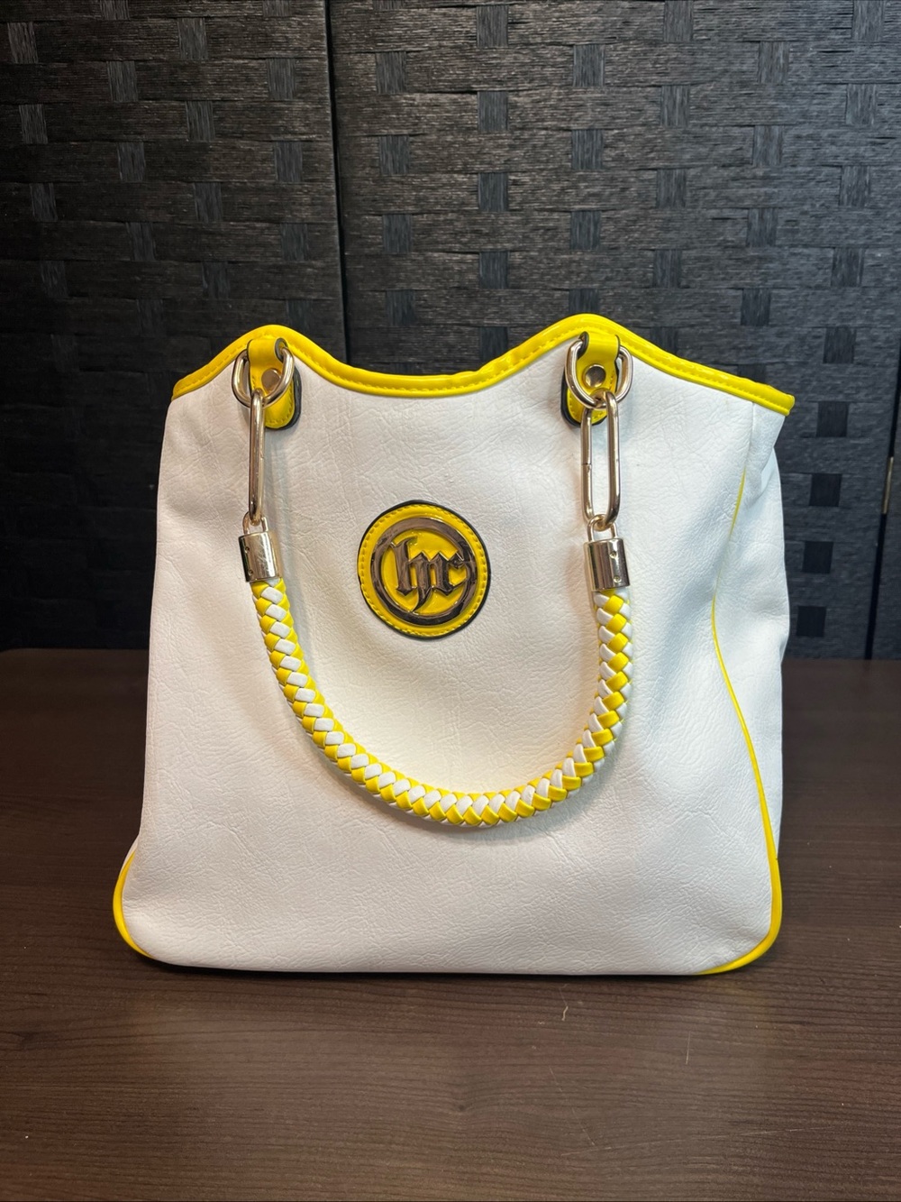 White And Yellow Leather Handbag With Shoulder Strap See Pics For Flaws